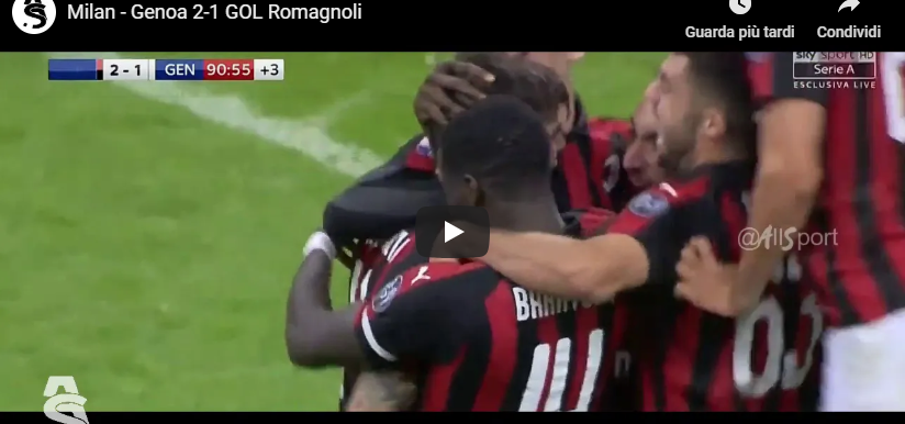 Milan-Genoa 2-1 perla pallonetto Romagnoli