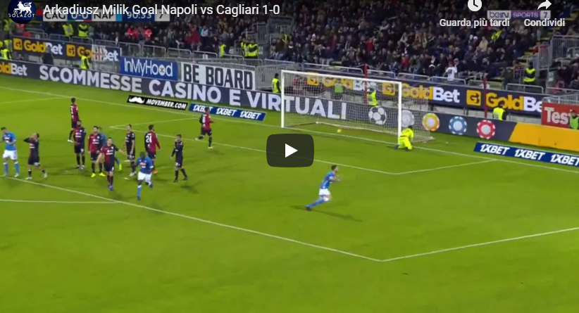 Cagliari - Napoli 0-1 punizione Milik spettacolare: gol da tre punti